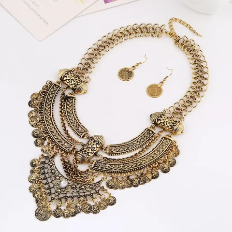 Conjuntos de joyas de Collar de gargantilla de moda para mujer, borla de moneda, étnico, gitano, bohemio, collares de declaración, Pendientes colgantes de gota 5