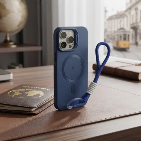 FORRO IPHONE 15 CON STRAP AZUL