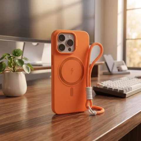 FORRO IPHONE 15 PRO MAX CON STRAP NARANJA