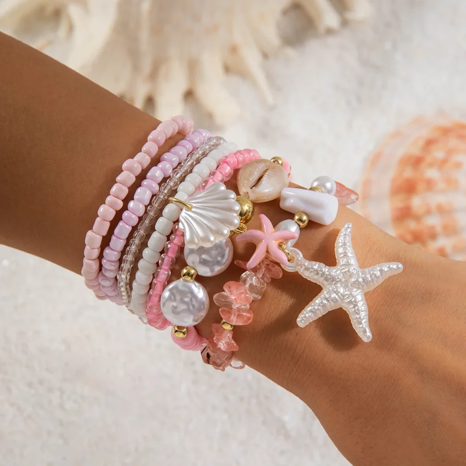 Tocona-pulsera con cuentas de concha para mujer, conjunto de siete piezas, estilo playero, estrella de mar, arroz, 25134