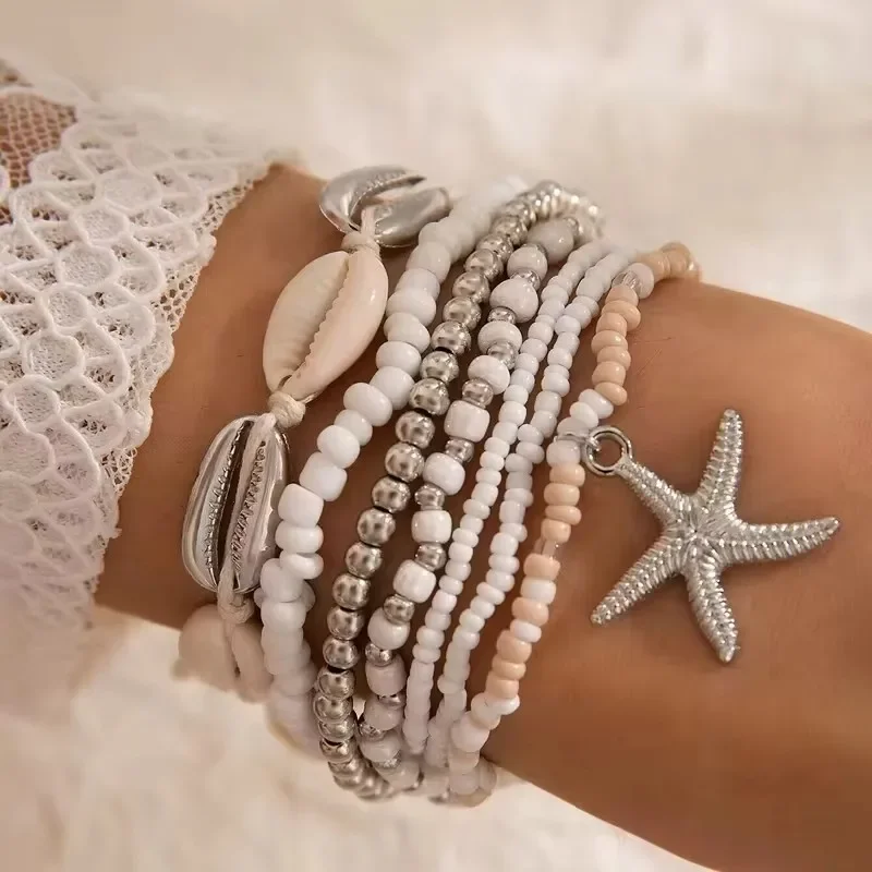 Tocona-pulsera con cuentas de concha para mujer, conjunto de siete piezas, estilo playero, estrella de mar, arroz, 25134