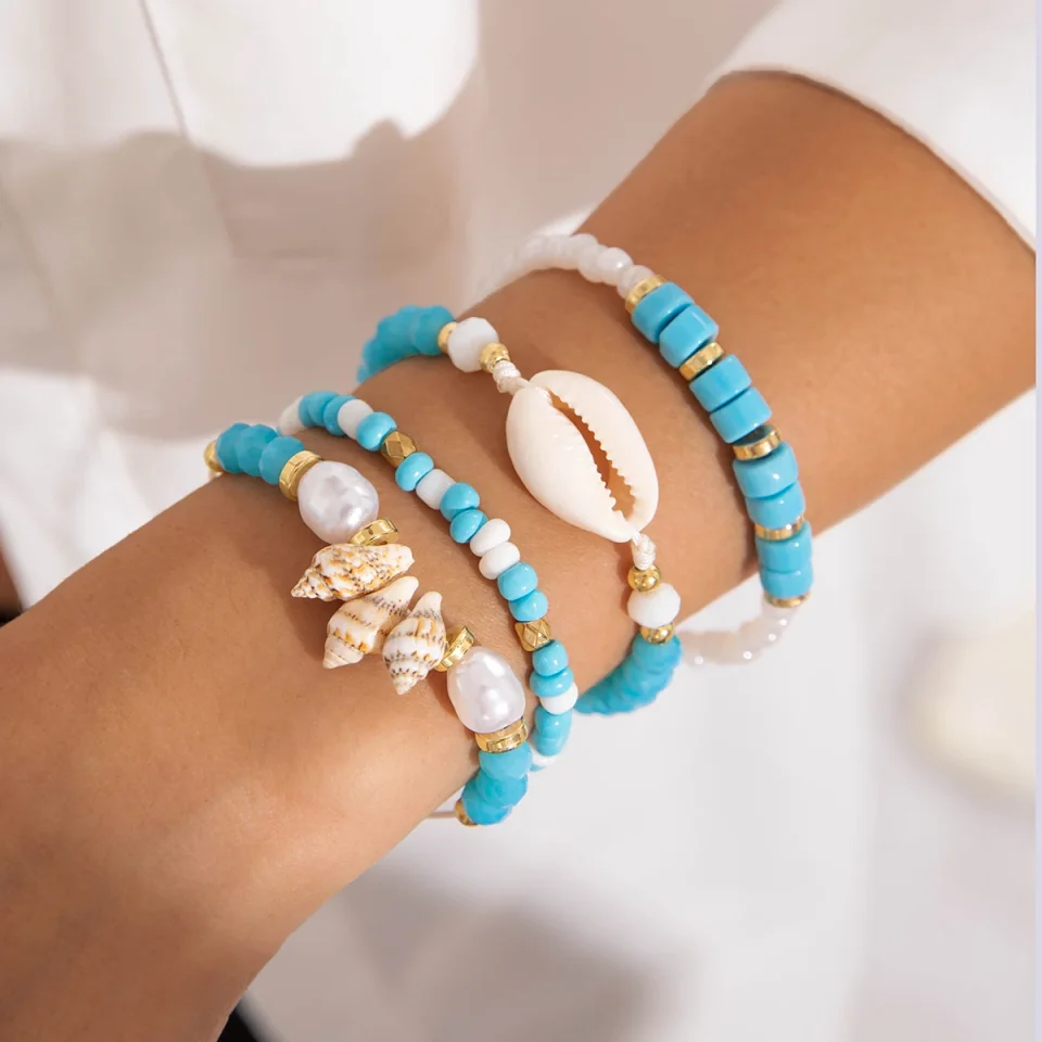 Tocona-pulsera con cuentas de concha para mujer, conjunto de siete piezas, estilo playero, estrella de mar, arroz, 25134