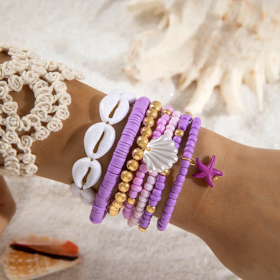 Tocona-pulsera con cuentas de concha para mujer, conjunto de siete piezas, estilo playero, estrella de mar, arroz, 25134