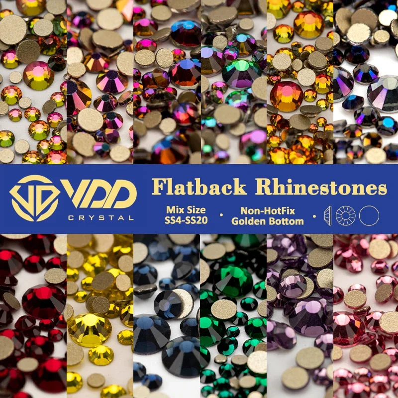 VDD SS4-SS20 mezcla de tamaños, cristal transparente sin fijación por calor, decoraciones de diamantes de imitación dorados con parte posterior plana, piedras brillantes DIY, accesorios para decoración de uñas 3D