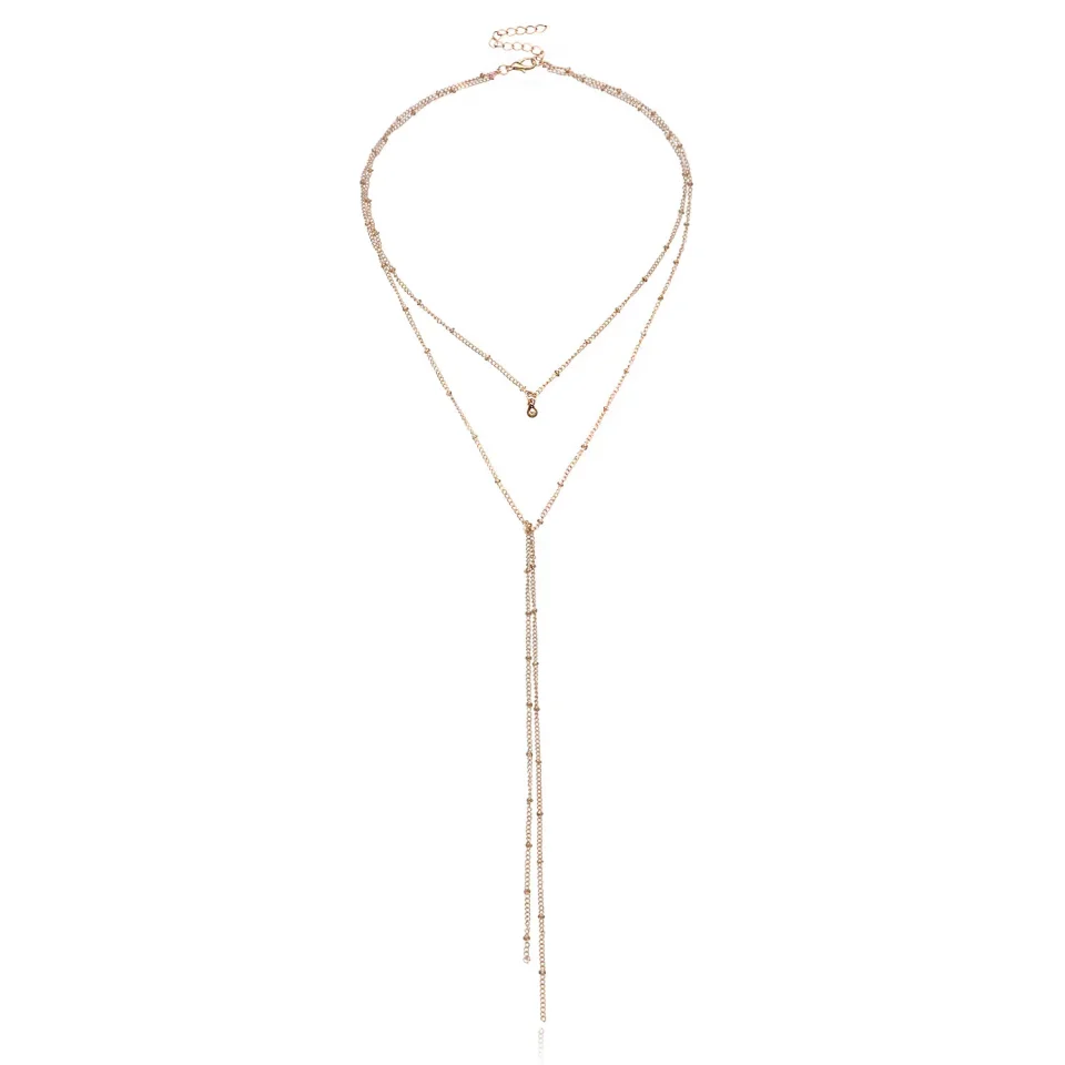 Collares de cadena con borlas largas de doble capa de Color dorado para mujer, gargantilla de cuentas geométricas de Metal Simple, joyería de moda