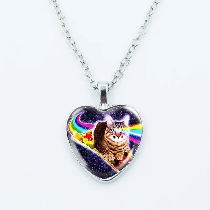 Collar con colgante de corazón de gato alienígena arcoíris, bonito y divertido, con forma de animal, cabujón de cristal con foto artística, joyería para niños y mujeres
