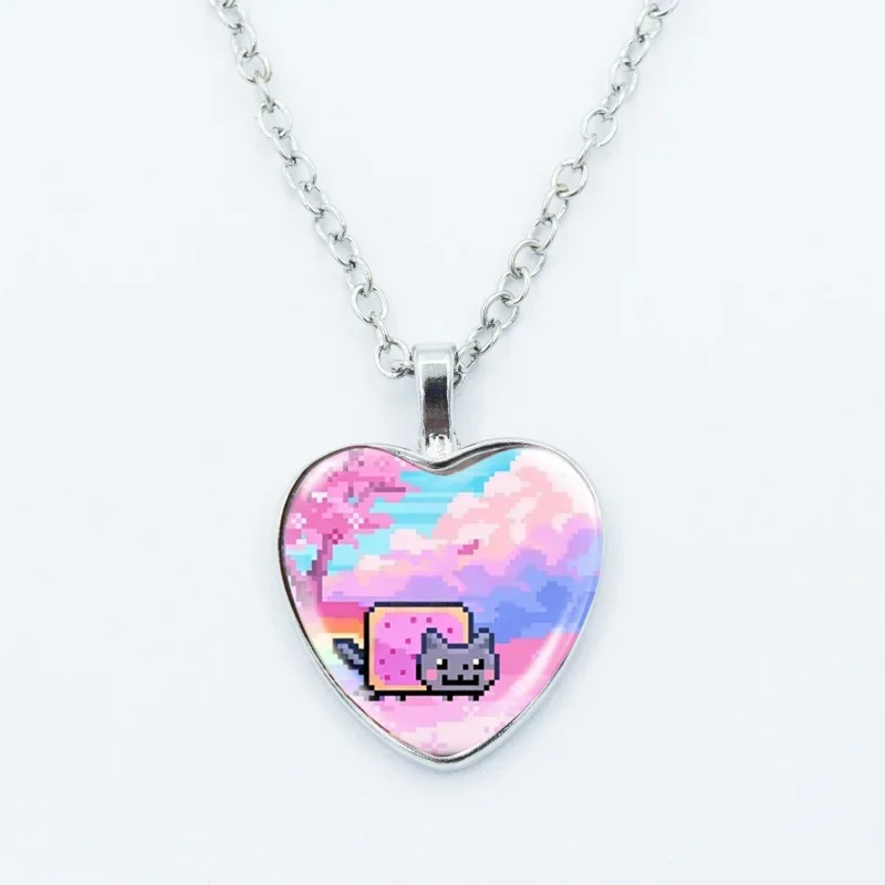 Collar con colgante de corazón de gato alienígena arcoíris, bonito y divertido, con forma de animal, cabujón de cristal con foto artística, joyería para niños y mujeres