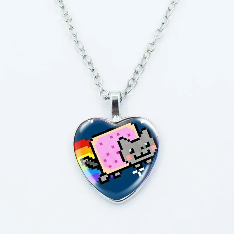Collar con colgante de corazón de gato alienígena arcoíris, bonito y divertido, con forma de animal, cabujón de cristal con foto artística, joyería para niños y mujeres