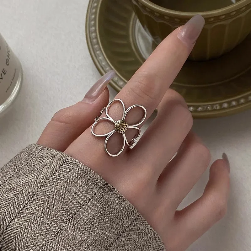 VENTFILLE-Anillo de flor de Plata de Ley 925 para mujer, regalo, diseño calado, Retro, Hip Hop, joyería versátil, regalo de fiesta, envío directo