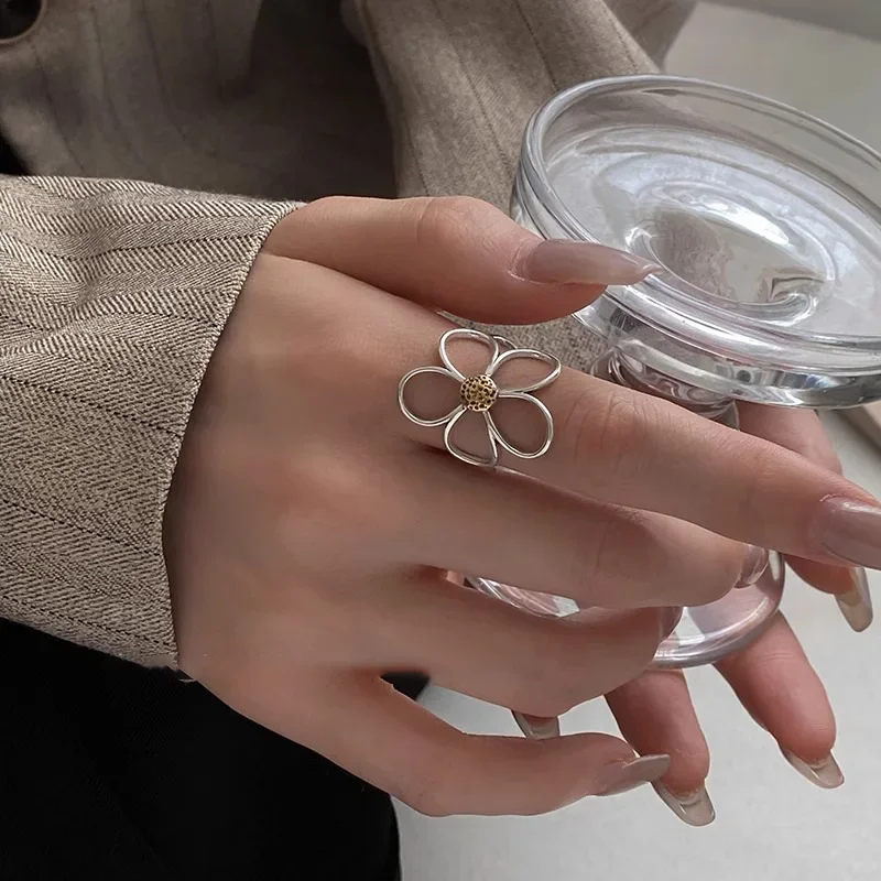 VENTFILLE-Anillo de flor de Plata de Ley 925 para mujer, regalo, diseño calado, Retro, Hip Hop, joyería versátil, regalo de fiesta, envío directo