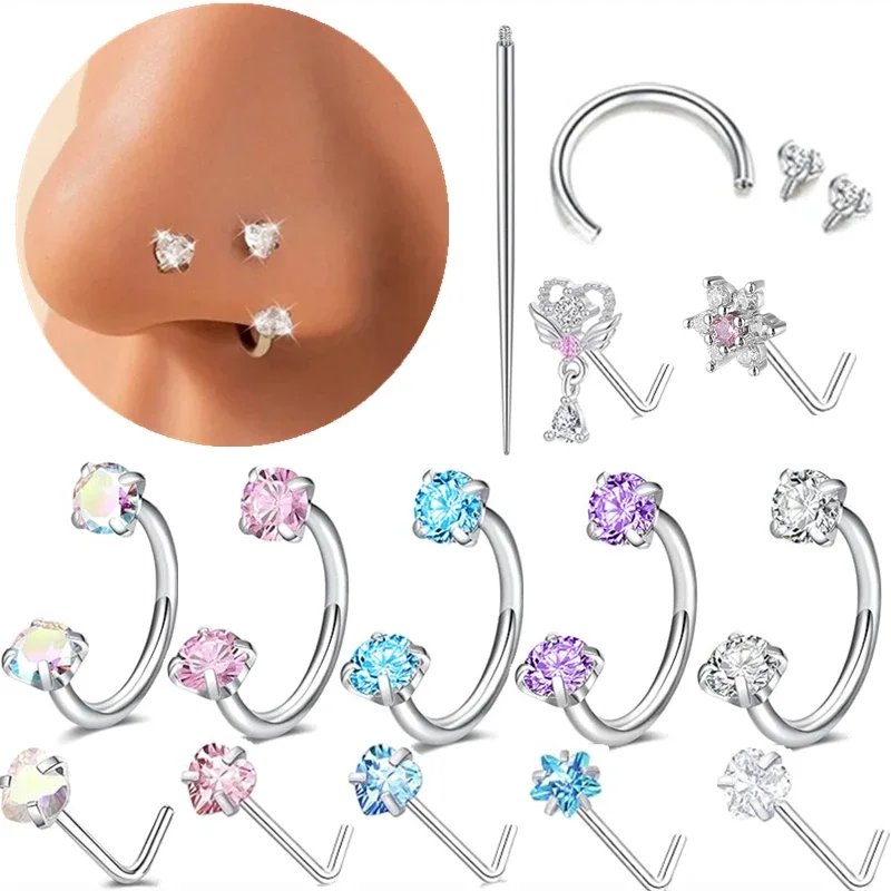 6/2 Uds. Anillos de nariz de herradura con pasador de nariz en forma de L, anillo de nariz Rianbow CZ de acero inoxidable, Piercing de oreja de hélice para cejas y labios