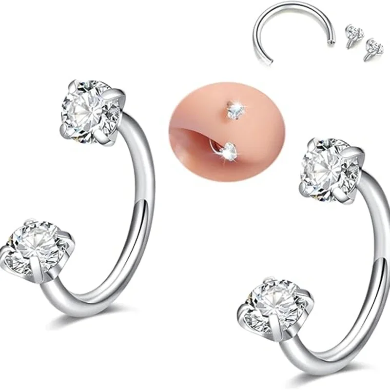 6/2 Uds. Anillos de nariz de herradura con pasador de nariz en forma de L, anillo de nariz Rianbow CZ de acero inoxidable, Piercing de oreja de hélice para cejas y labios