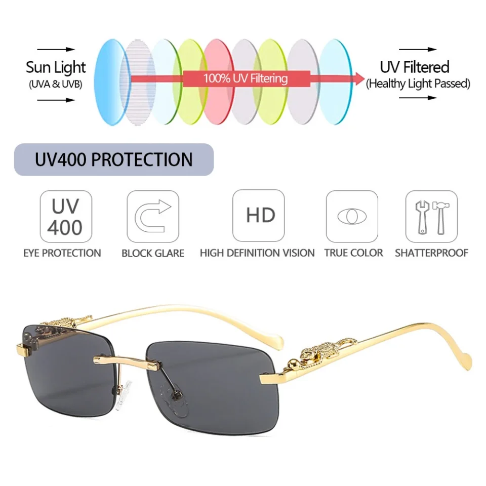 Gafas de sol rectangulares sin montura para hombre y mujer, lentes de sol de estilo Retro, guepardo, a la moda, UV400, para verano y exteriores, 1 unidad