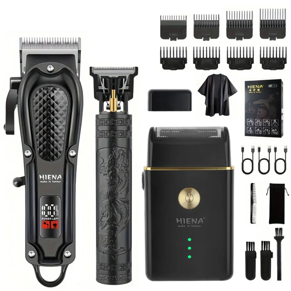 Cortadora de Pelo Profesional Hiena 212, Set de Cortadora de Pelo para Hombre, Recortadora de Pelo Eléctrica Inalámbrica de Metal para Barberos, Pantalla LCD