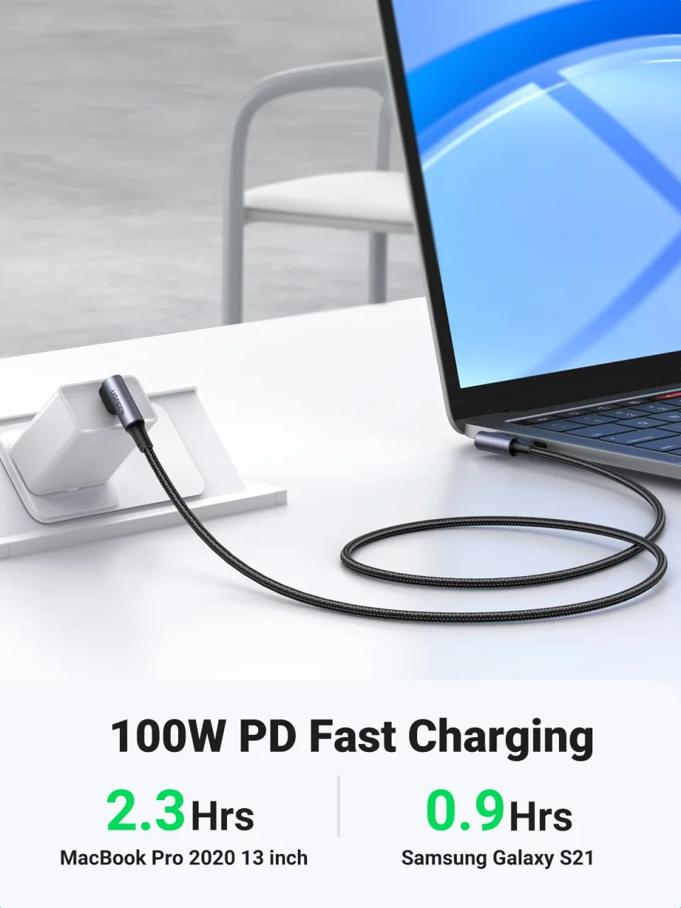 Cable USB-C UGREEN de 90 Grados, PD100W/60W, Tipo-C, para Juegos, Cable de Carga en Ángulo Recto, 5A/3A, para iPhone 17/16, Samsung, MacBook, 0.5-3M