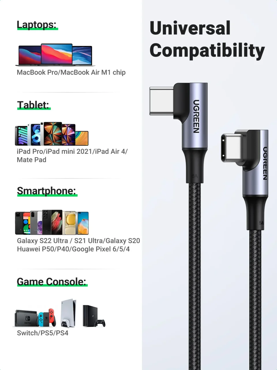 Cable USB-C UGREEN de 90 Grados, PD100W/60W, Tipo-C, para Juegos, Cable de Carga en Ángulo Recto, 5A/3A, para iPhone 17/16, Samsung, MacBook, 0.5-3M