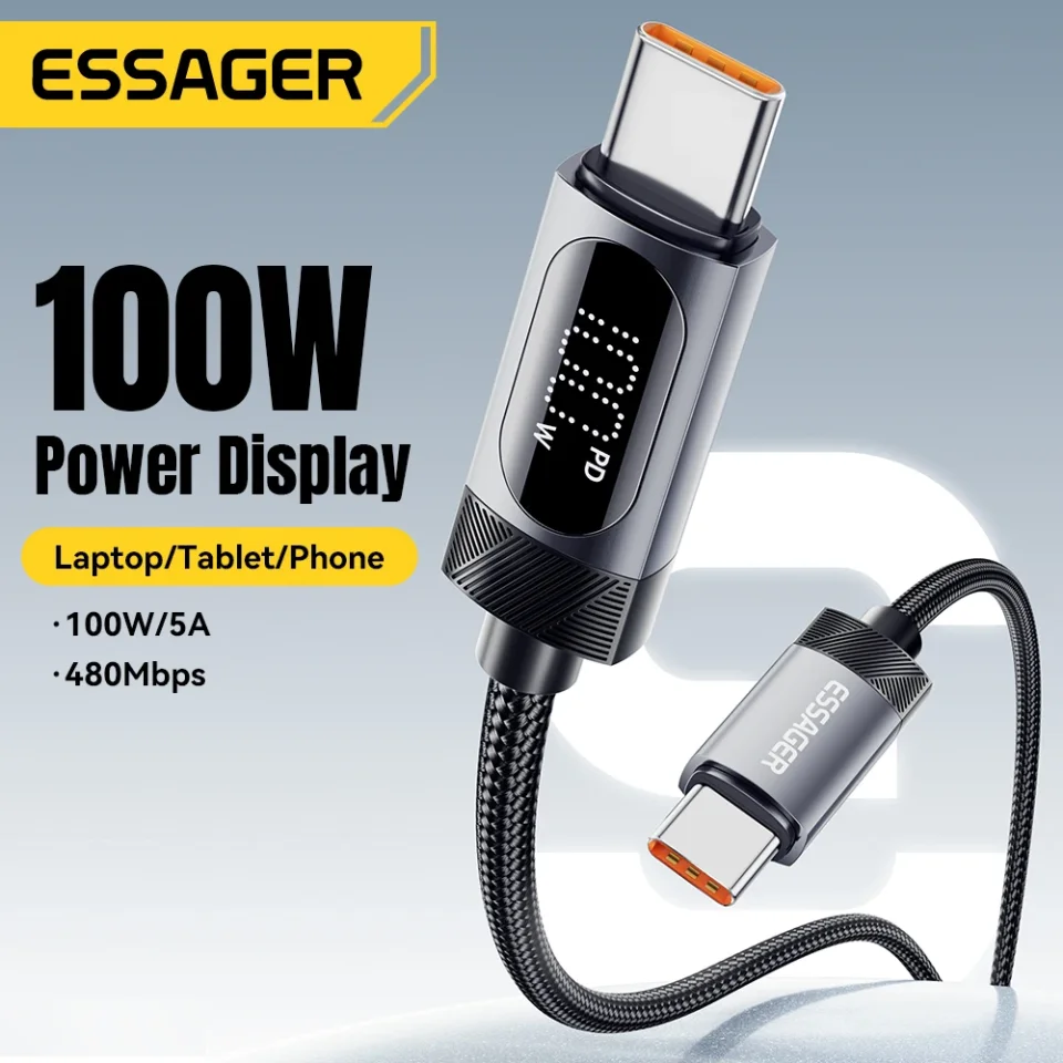 Cable USB C de pantalla Digital Essager para iPhone 17 16 15 Xiaomi Huawei 100W PD carga rápida para Macbook iPad Cable tipo C a C