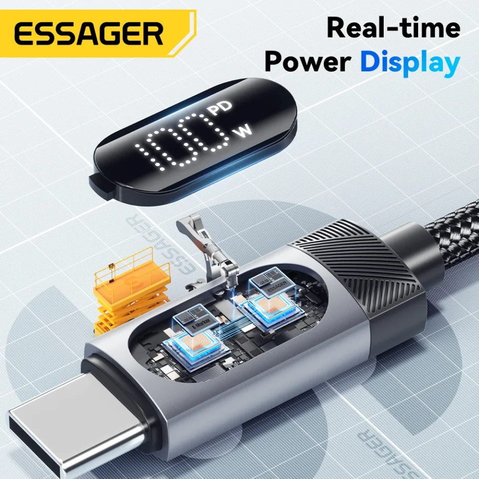 Cable USB C de pantalla Digital Essager para iPhone 17 16 15 Xiaomi Huawei 100W PD carga rápida para Macbook iPad Cable tipo C a C
