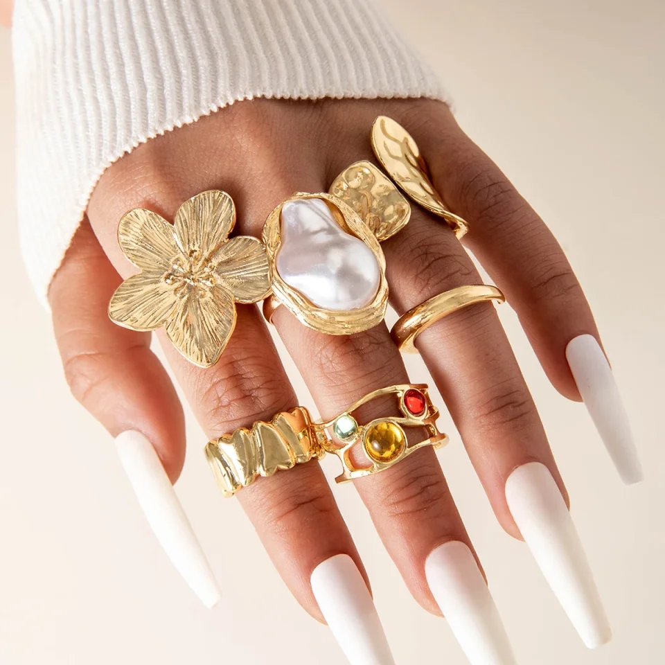 Tocona 2024 nueva moda de lujo de imitación de perlas conjuntos de anillos abiertos para mujeres elegante anillo de Color dorado accesorios de joyería de fiesta