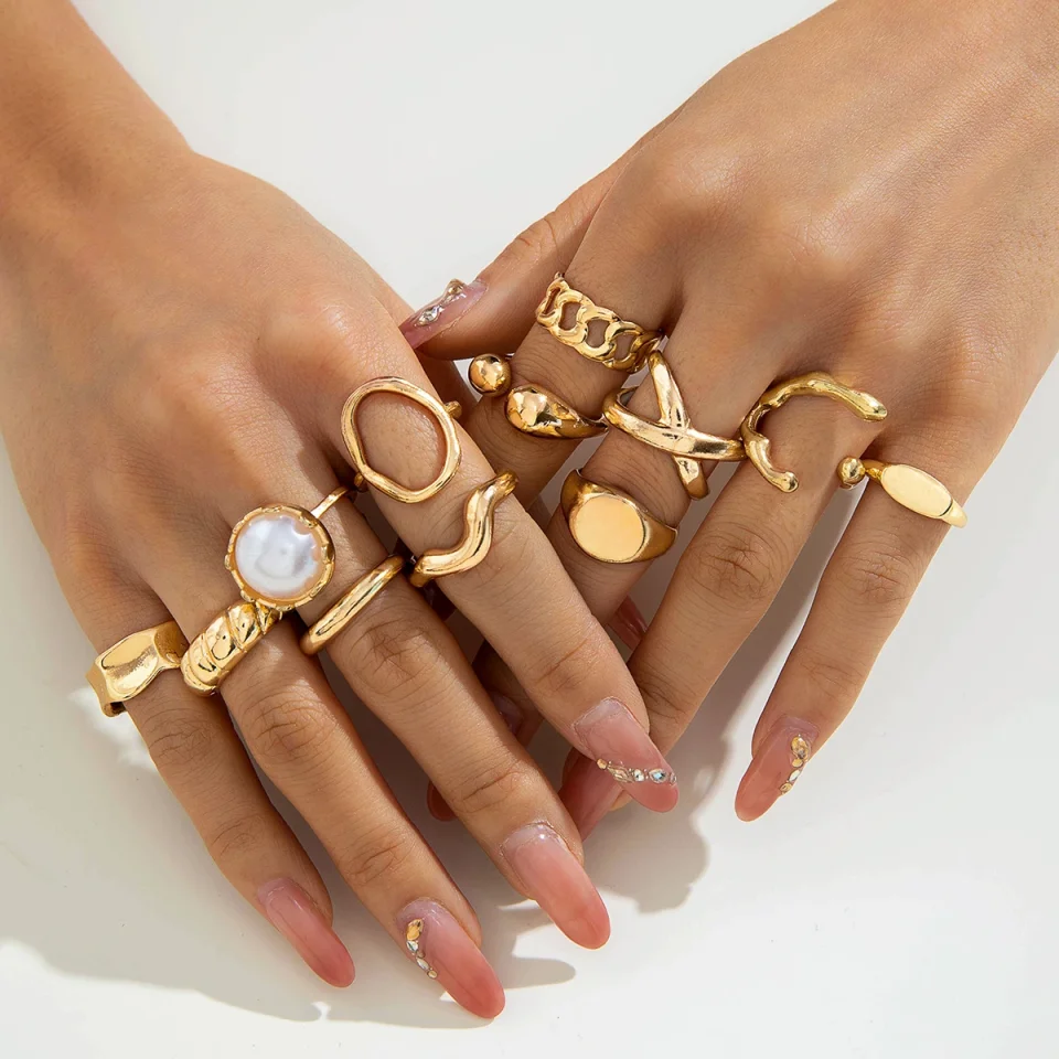 Tocona 2024 nueva moda de lujo de imitación de perlas conjuntos de anillos abiertos para mujeres elegante anillo de Color dorado accesorios de joyería de fiesta