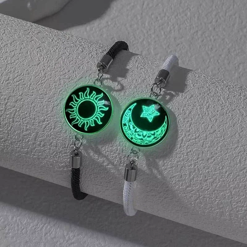 Pulseras Románticas Luminosas de Sol y Luna para Parejas, Hechas a Mano con Cuerda Trenzada, Pulseras a Juego con Dijes para Amantes, Regalos de Joyería