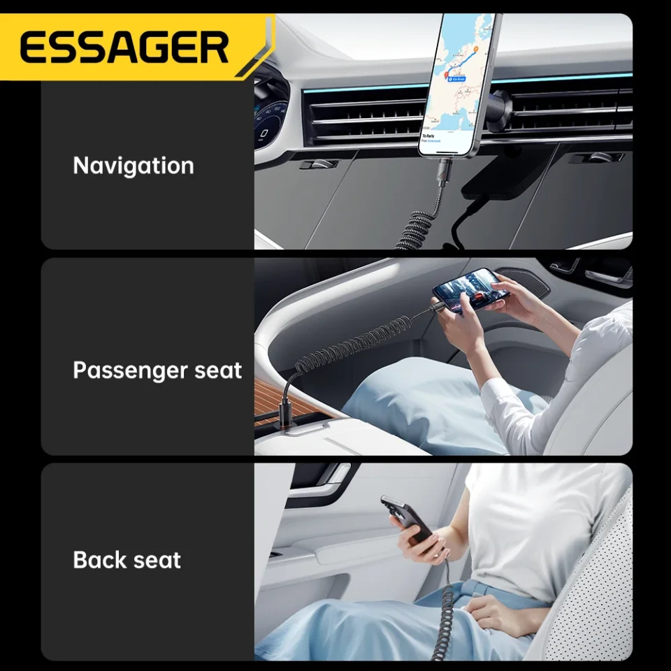Cable Essager tipo resorte para coche C para iPhone 17 16 15 Pro Xiaomi Samsung 100W PD carga rápida para Macbook iPad Cable tipo C a C
