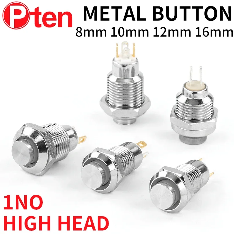 1NO interruptor de botón de Metal resistente al agua de cabeza alta luz LED autobloqueo/reinicio 3/6/12/24/220V 8/10/12/16mm latón niquelado