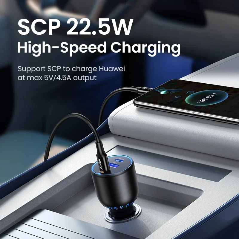 UGREEN 130W USB C cargador de coche rápido para Xiaomi iPhone 17 Samsung Galaxy S25 portátiles PD3.0 carga rápida USB tipo C cargador de coche