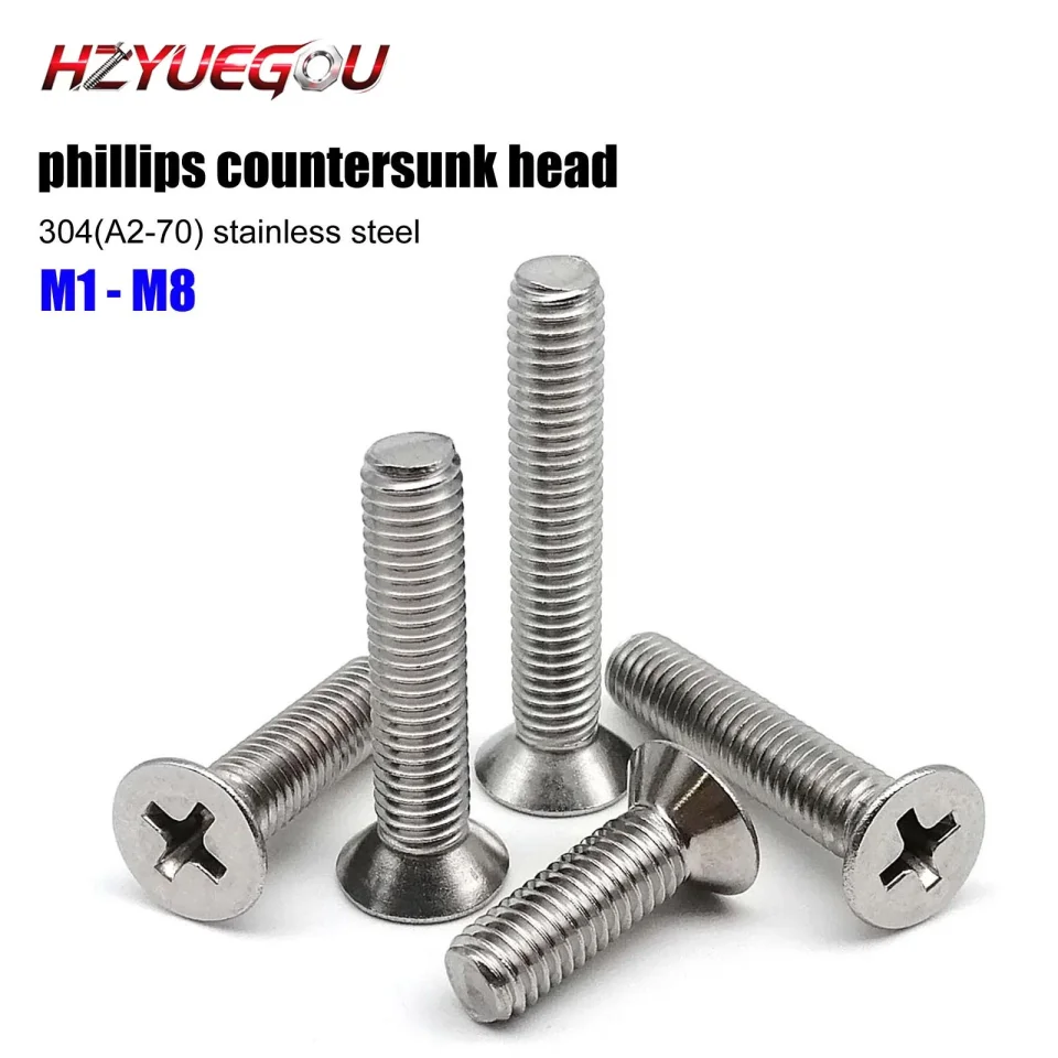 Tornillos de Cabeza Plana y Cabeza Avellanada Phillips HZYUEGOU M1 M1.2 M1.4 M1.6 M2 M2.5 M3 M3.5 M4 M5 M6 M8, Acero Inoxidable 304 A2-70