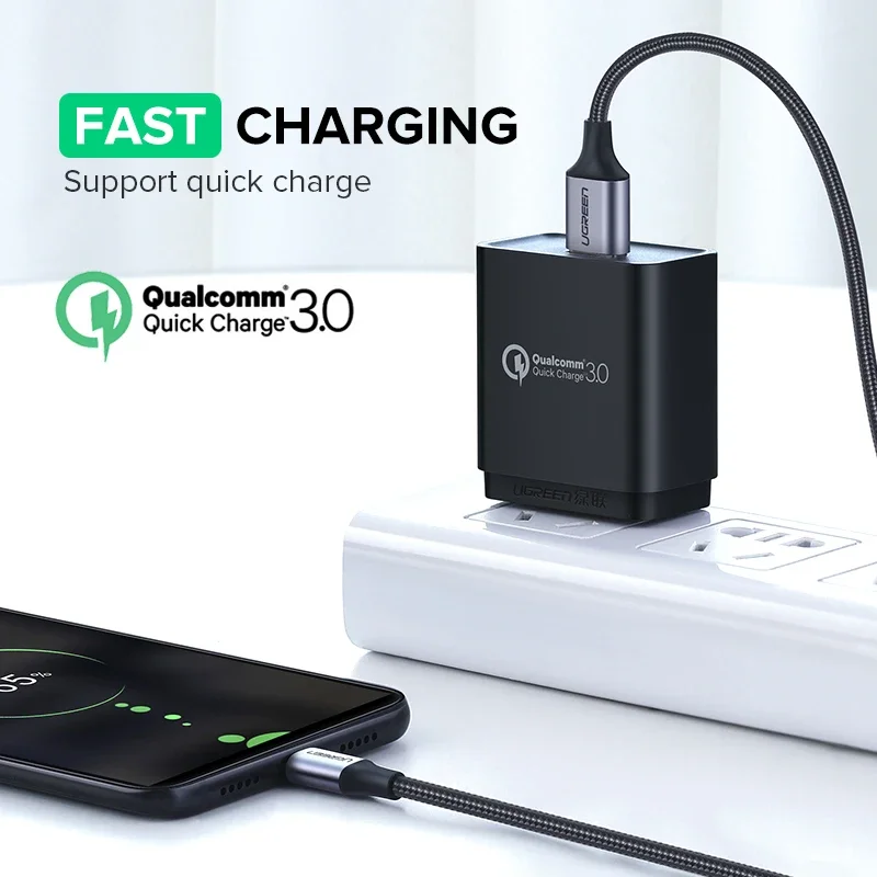 Cable Micro USB Ugreen 2A de Nailon, Cable USB de Carga Rápida para Samsung Xiaomi HTC, Cable de Datos para Teléfono Móvil