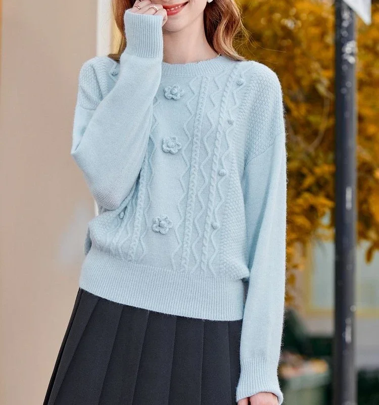 Ropa de mujer de moda 2025 Otoño Invierno nuevo estilo temperamento reductor de flores sueltas bordado cuello redondo suéter Top de punto