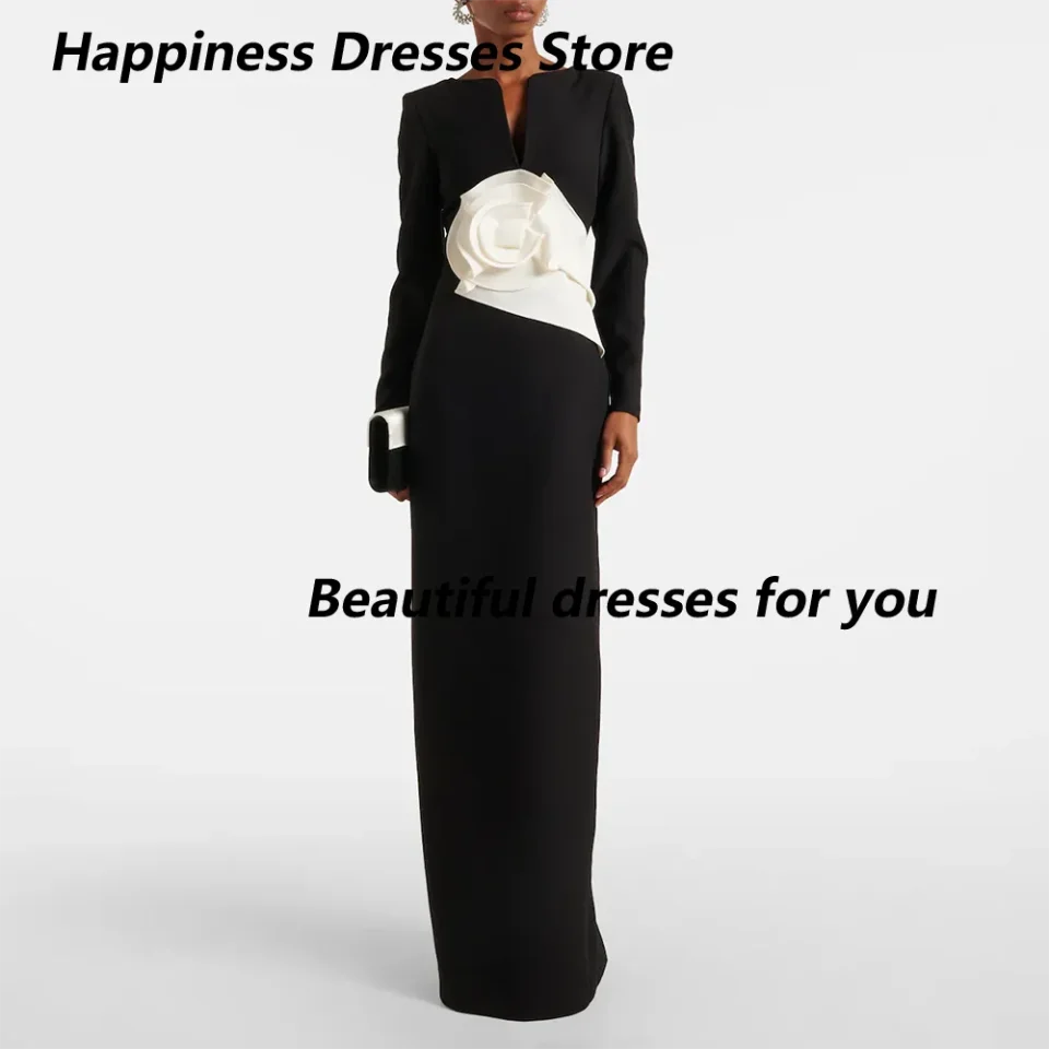 Vestido de Noche Moderno con Flores, Personalizado, Cuello en V, Mangas Largas, de Jersey, Elegante, con Abertura Trasera, Vestido Recto para Fiesta de Graduación