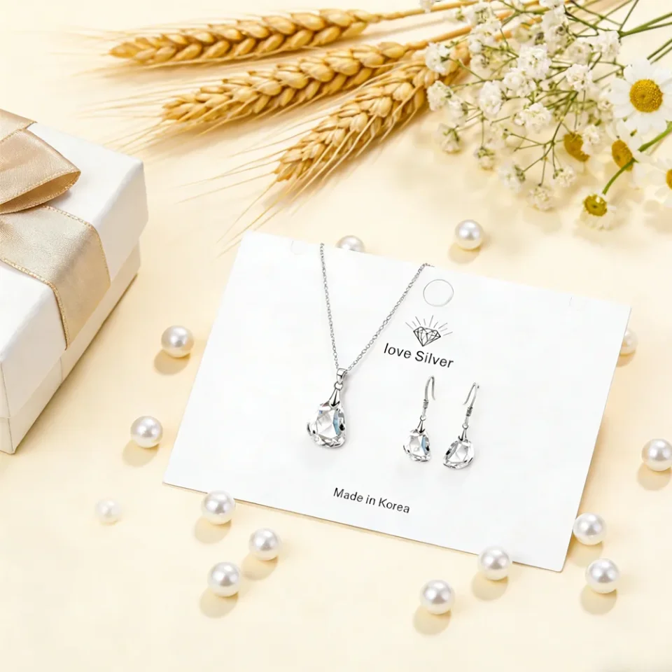 Juego de Joyería de Plata de Ley 925 con Cristales Blancos para Boda, Compromiso, Pendientes, Collar y Colgante para Mujer, Regalo para Fiesta