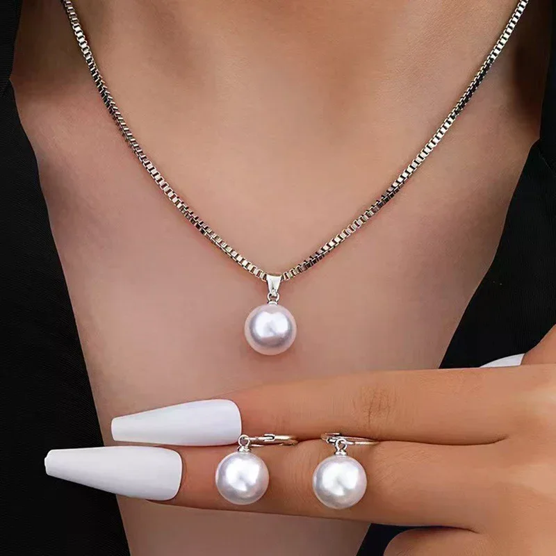 Conjunto de joyería de perlas redondas de 2 piezas, pendientes, colgantes, collares, conjunto de joyería de boda exquisito y moderno para mujer, regalos