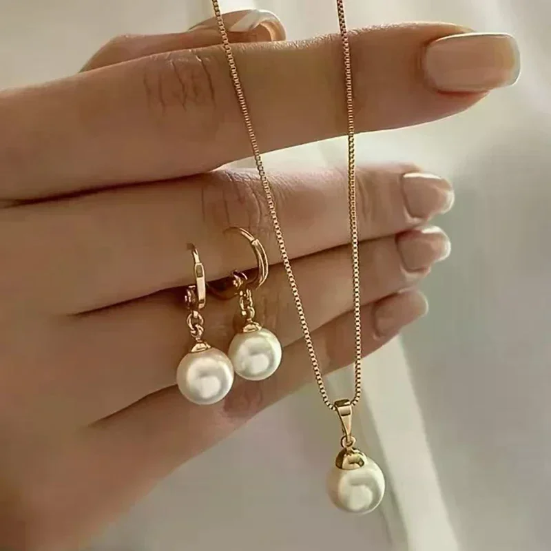 Conjunto de joyería de perlas redondas de 2 piezas, pendientes, colgantes, collares, conjunto de joyería de boda exquisito y moderno para mujer, regalos
