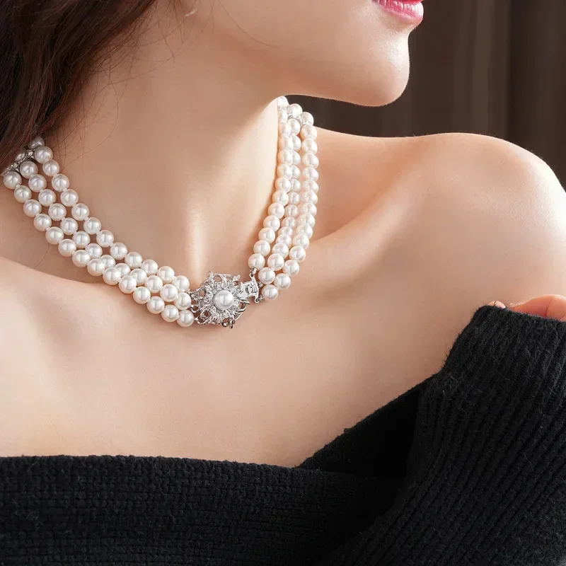 DREJEW-Conjunto de joyería de perlas multicapa con flores para mujer, pulsera de moda francesa, conjuntos de accesorios de temperamento de lujo ligeros