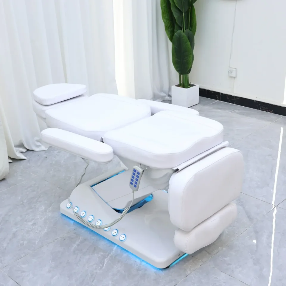Cama de belleza eléctrica de lujo con 3 motores, luz LED en la base, cuero PU, silla ajustable para masajes faciales y de pestañas para salón, spa, clínica.