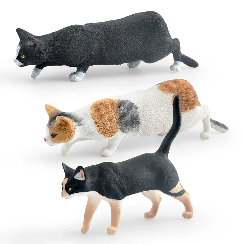 Simulación de gato, modelo animal, tres gatos Felinae, adorno de decoración de gato rural negro