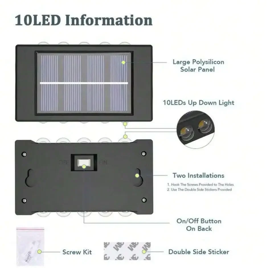 Lámpara Solar de Pared con 4/6/8/10 LED, Decoración para Jardín y Calle, Luz Exterior Impermeable, Iluminación Ascendente y Descendente, Lámpara de Paisaje para Jardín