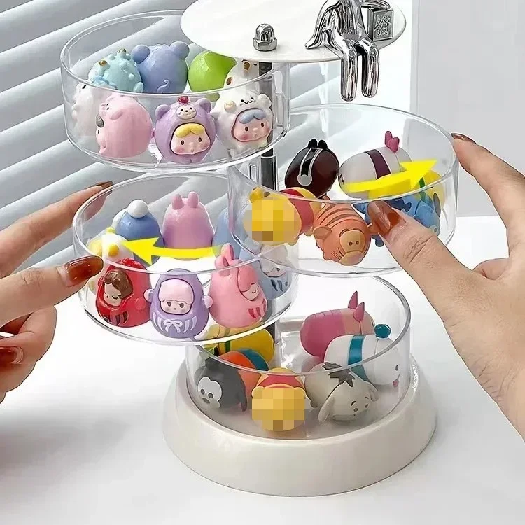 Adorable caja de almacenamiento giratoria transparente multicapa con fondo blanco, caja organizadora de figuras pequeñas, joyería Universal a prueba de polvo para el hogar