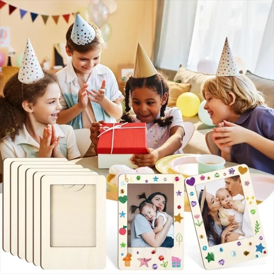 Marcos de Fotos de Madera DIY con Pegatinas, Material de Madera para Manualidades, Portafotos DIY con Rotulador de Colores