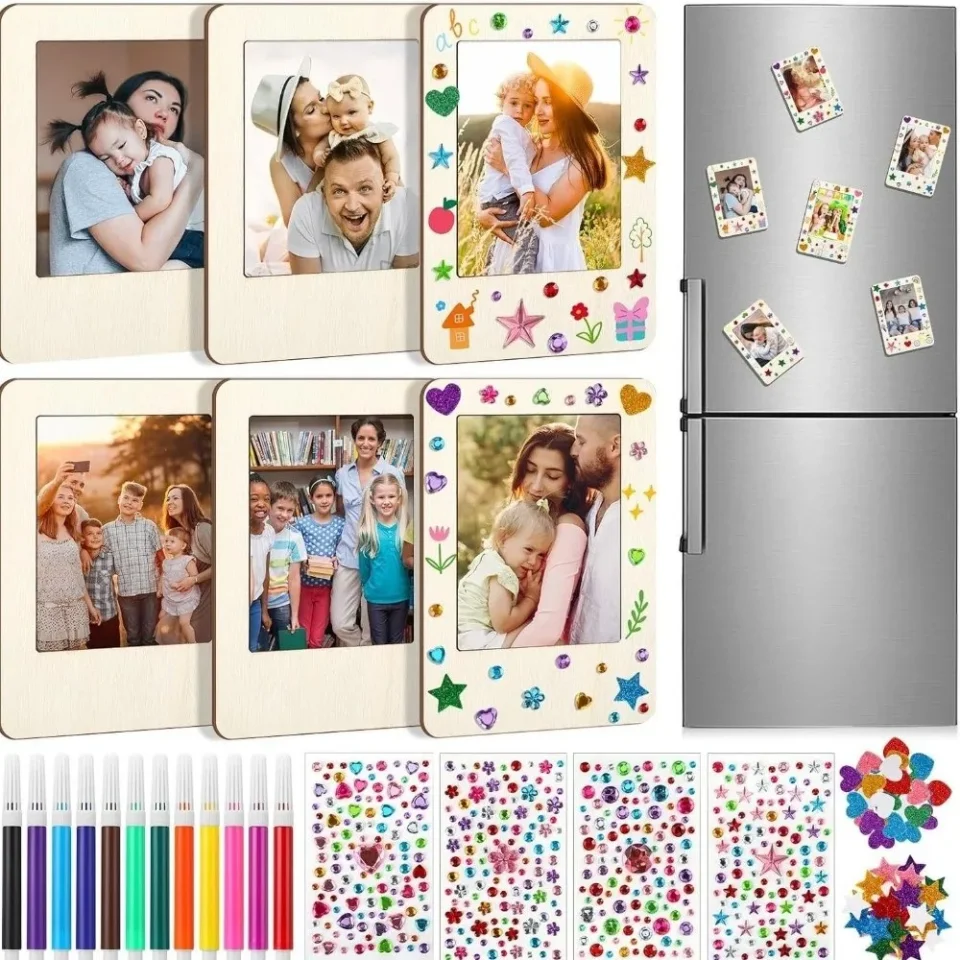 Marcos de Fotos de Madera DIY con Pegatinas, Material de Madera para Manualidades, Portafotos DIY con Rotulador de Colores