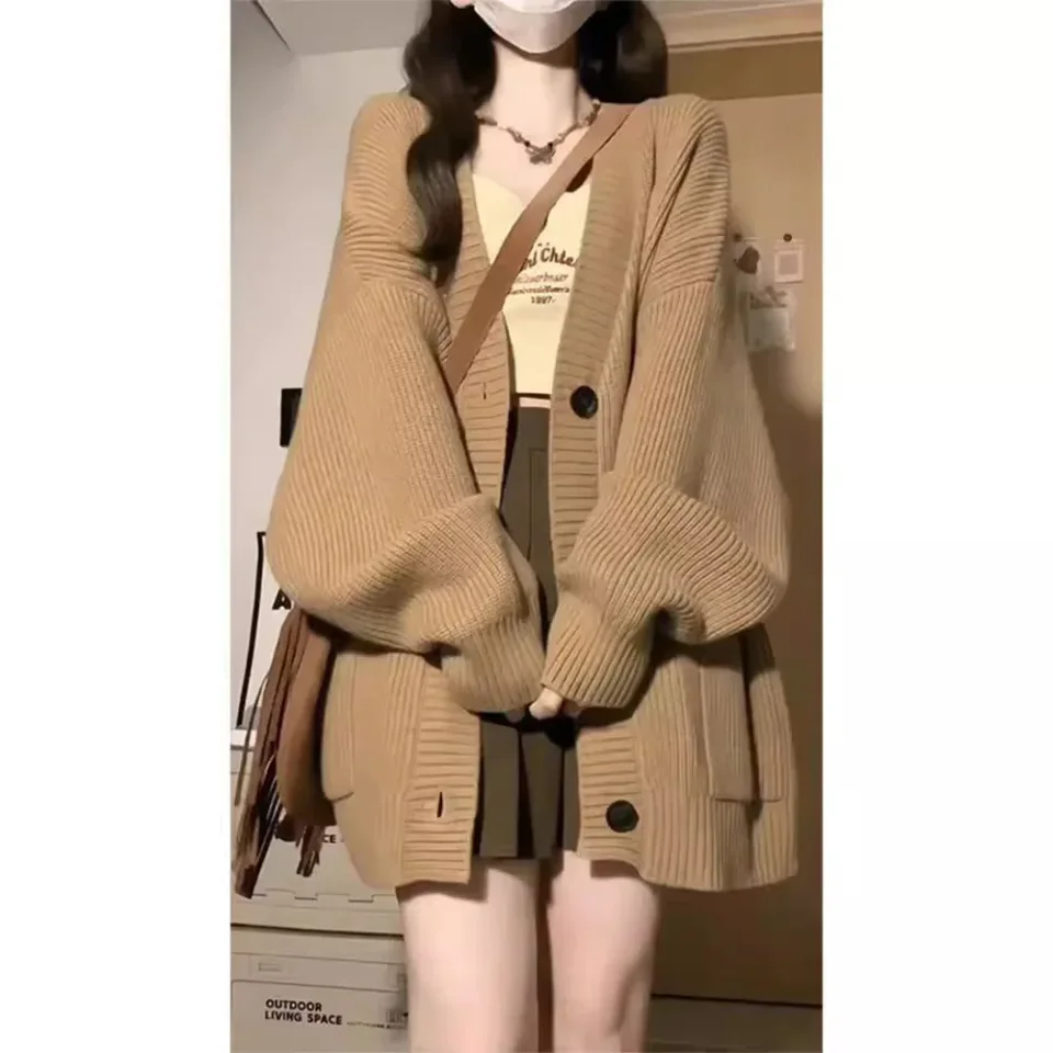 Suéter mujer 2024 moda Otoño Invierno nuevo suelto cuello pico botón linterna manga Color sólido cárdigan mujer BD4021