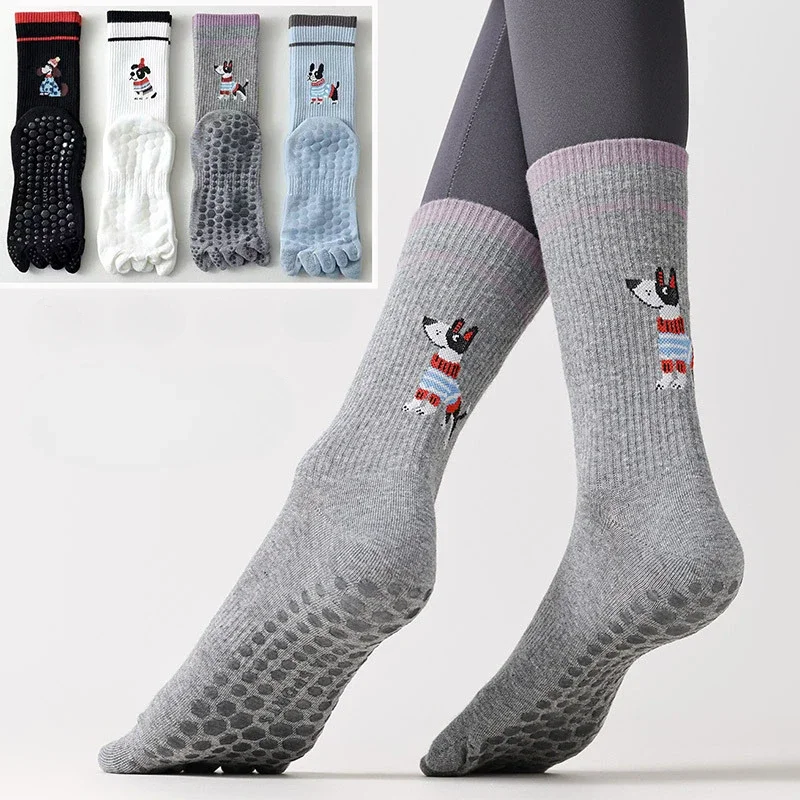 Calcetines de Yoga para mujer, calcetines de cinco dedos para entrenamiento interior, Pilates, estampado de perro de dibujos animados, calcetines deportivos antideslizantes de silicona para gimnasio, Fitness y baile