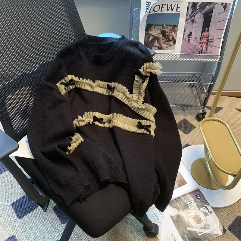Hacer nuevo suéter de invierno para mujer, cuello redondo, lazo de encaje, ala de joker relajada, breve párrafo, suéter, abrigo