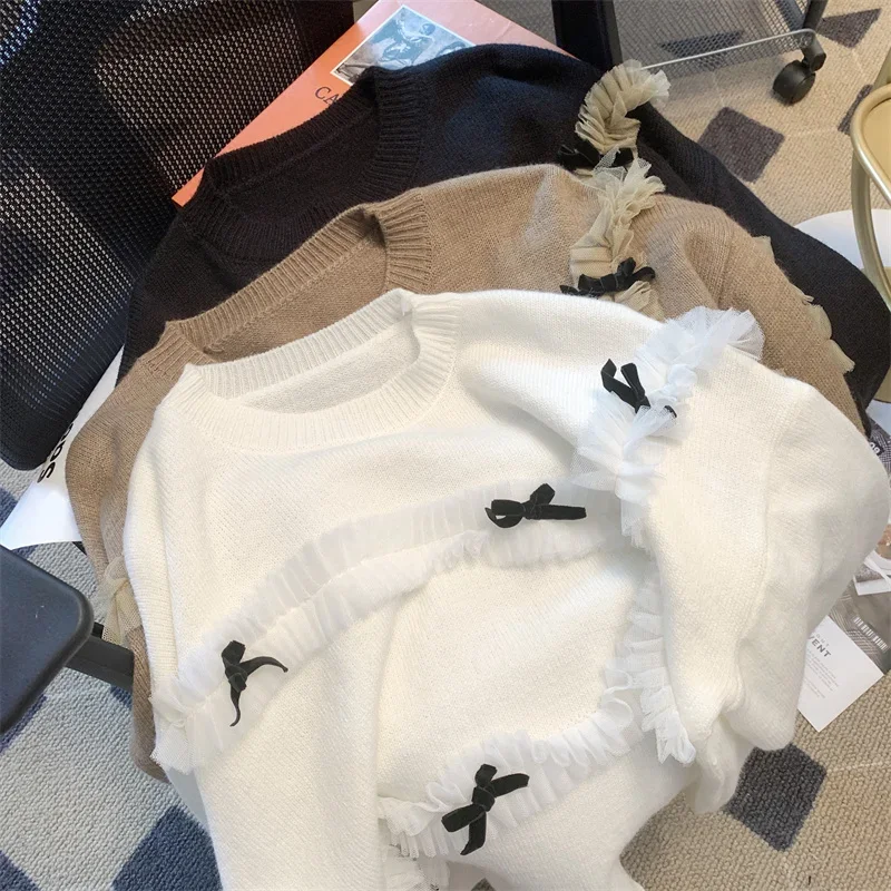 Hacer nuevo suéter de invierno para mujer, cuello redondo, lazo de encaje, ala de joker relajada, breve párrafo, suéter, abrigo