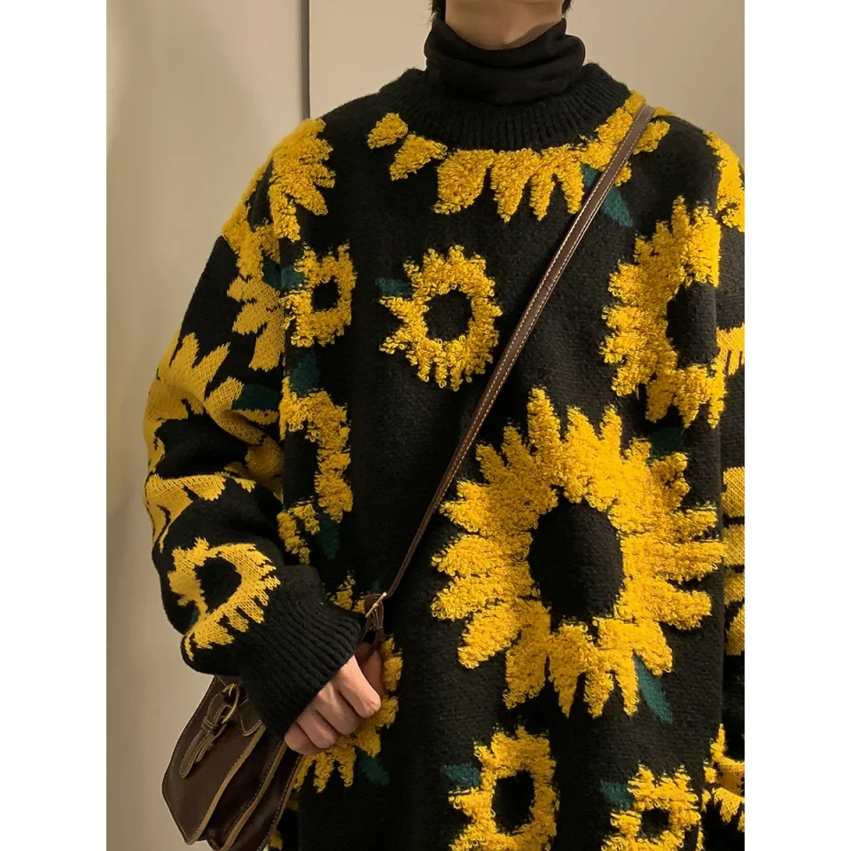 2024 suéter de invierno con girasoles, suéteres cálidos a la moda para hombre, jerséis con cuello redondo, suéter informal suelto para hombre, suéter de punto grueso Unisex