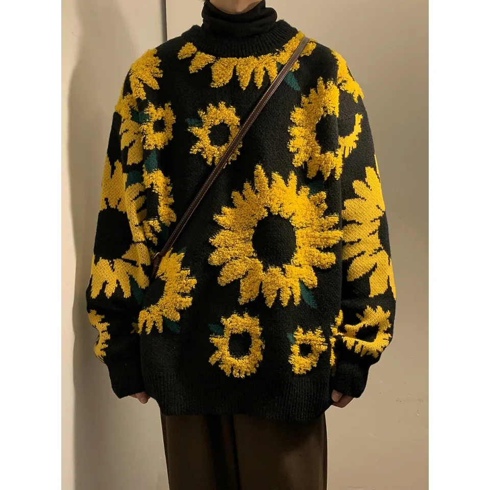 2024 suéter de invierno con girasoles, suéteres cálidos a la moda para hombre, jerséis con cuello redondo, suéter informal suelto para hombre, suéter de punto grueso Unisex