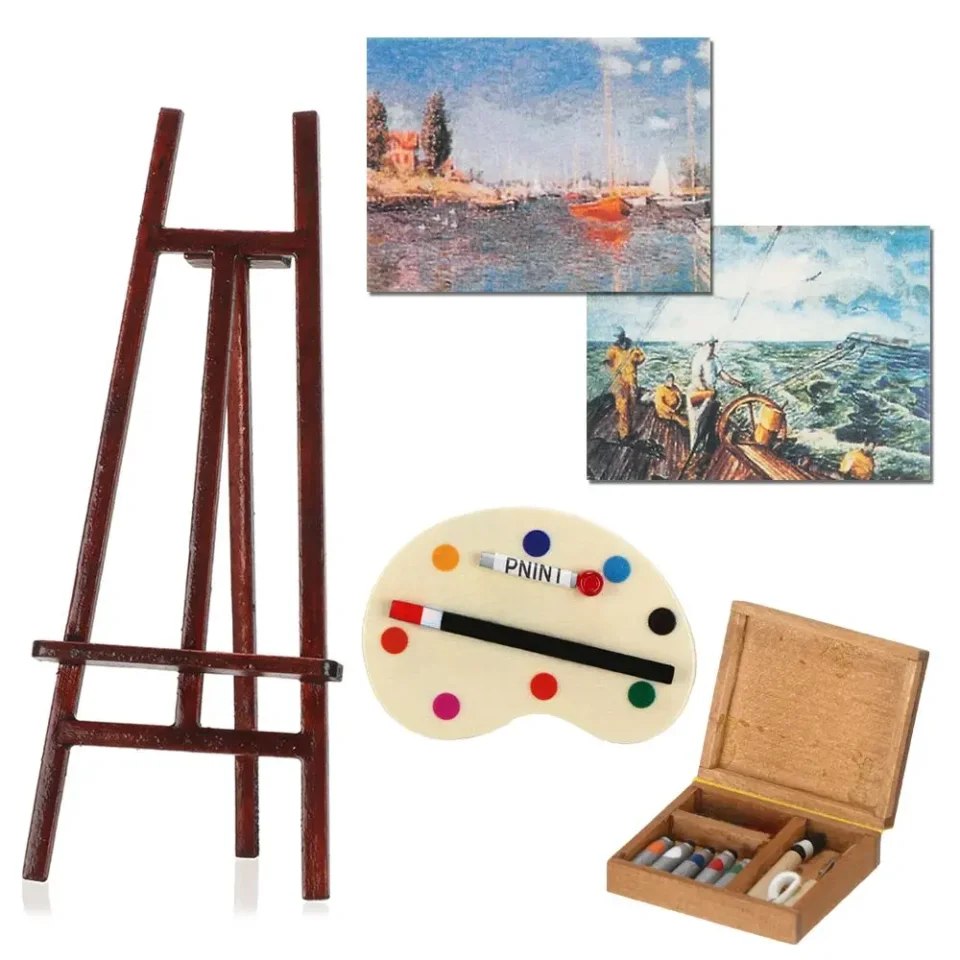 Juego de modelos de accesorios de juguete, muebles de casa de muñecas, Mini caja de madera de caballete en miniatura, tablero de dibujo, bolígrafo de pintura de artista