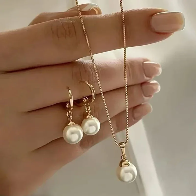 'Conjunto de 2 piezas de joyería de perlas redondas, pendientes, colgantes, collares, conjunto de joyería de boda exquisito y moderno para mujer, regalos'